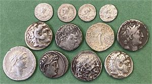 LOT #4. 12 Tetradrachms and drachms from Greece, Syria and Baktria. Tetradrachms: Alexander III type (2), Demetrios I (1), Antiochos VII (1), Demetrios II Nikator (1), Antiochos VIII (1), Philip II Philadelphos (1) and Azes (1). Drachms: Menander (4). Total of 12 coins in lot.