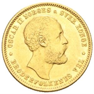 20 kroner 1883. Dette er den sjeldneste av alle norske 20 kroner i gull, kun ca. 50 stykker er kjent i privat eie.
