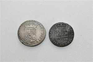Lot 2 stk .Karl II; Brabant, 4 stuiver 1698, Antwerpen og liard 1691, Brussel. Den siste buklet/the last creased