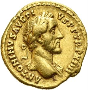 Antoninus Pius. AD 138-161. AV quinarius, Roma AD 150-151, (3,59 g). Laureate and draped bust of A. Pius right / COS IIII, LIB VI, Liberalitas standing left, holding Abacus and Vexillum. A nice and clear specimen of great rarity.