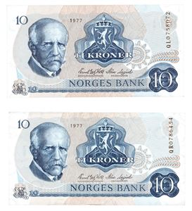 10 kroner 1977. QL0758972 og QR0786454. Erstatningssedler/replacement notes.