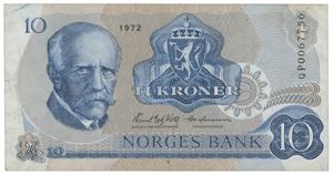 10 kroner 1972. QP0067756. Erstatningsseddel/replacement note