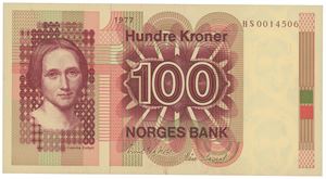 100 kroner 1977. HS0014506. Erstatningsseddel/replacement note