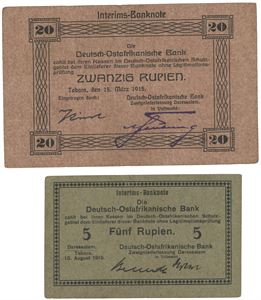 Lott 2 stk. 5 rupien 1915, no. C08019, og 20 rupien 1915, no. 19367