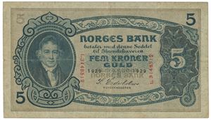 5 kroner 1929 L 3148512.  Rifter og et nålhull.