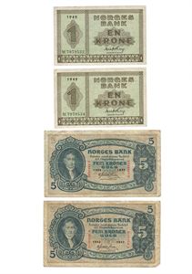 Lot 4 stk. 1 krone 1949M (2 stk. begge 0/01) og 5 kroner 1939R, 1942U.