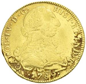 Carl IV, 8 escudos 1789. Korrodert/corroded.