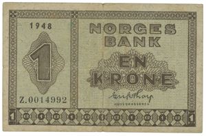 1 krone 1948. Z.0014992. Erstatningsseddel/replacement note. R