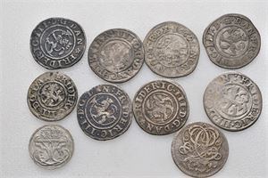 Norge, lot 10 stk. 2 skilling 1648, 1650, 1666, 1667, 1668, 1669, 1670, 1691 og 1 skilling 1652, 1765