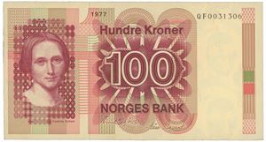 100 kroner 1977 QF 0031306.  Erstatningsseddel.  Sort skrift.