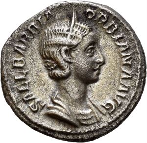 Orbiana. Augusta, AD 225-227. AR denarius, Roma AD 225, (3,17 g). Draped bust right, wearing stephane / CONCORDI-A AVGG, Concordia seated left, holding patera and double cornucopiae. Very minor porosity on the surface. Appealing grey toning.