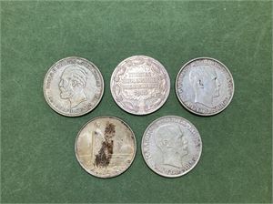 Lot 5 stk. 2 kroner 1902, 1906, 1908, 1914 jub. og 1917