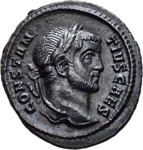 Constantius I 305-306, argenteus, Roma 294 e.Kr. R: Tetrarkene ofrer foran militærleirport