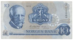 10 kroner 1972. QD0068036. Erstatningsseddel/replacement note