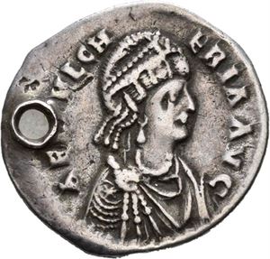 Pulcheria søster av Theodosiu II, siliqua, Constantinople 420-438 e.Kr. Perforert/pierced