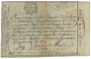 100 rigsdaler courant 1782. No. 8867. Falsk/counterfeit. Tapet på revers/taped