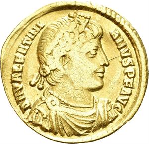 Valentinian I 364-375, AV solidus, Antioch 364 A.D. (4,12 g). His diad. head r./Valentinian stg. holding labarum and crowned by Victory on globe. In field P-headed cross