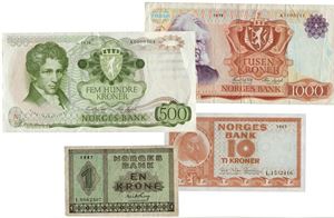 Lot 4 stk. 1000 kroner 1978 A, 500 kroner 1978 A, 10 kroner 1967 L og 1 krone 1947 I