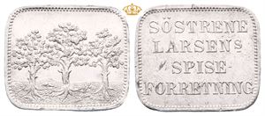 Norway. Søstrene Larsens Spiseforretning, pollett i aluminium. RR