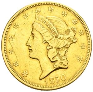 20 dollar 1850. Ripe på advers/scratch on obverse. Dette er den første såkalte double eagle