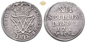 12 skilling 1721 (5,57 g). Sannsynligvis preget på norsk 1 mark Christian V type III med riflet rand. UNIK/UNIQUE