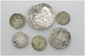 Lot 6 stk. 24 skilling 1754, 8 skilling 1734, 2 skilling 1701, 1709 og 1 skilling 1764, 1765