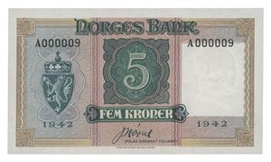Norway. 5 kroner 1942. A000009. R