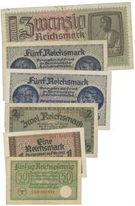 Reichsmark  lot 6 stk okkupasjonssedler: N260, 261a, 262a, 263a, 263b samt 264.