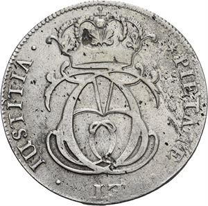 CHRISTIAN V 1670-1699. KONGSBERG. 4 mark 1686. Blankettfeil på advers/planchet defect on obverse. S.13