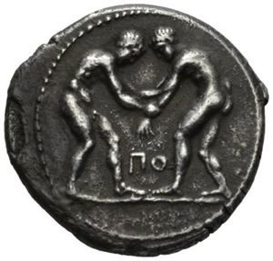 PAMPHYLIA, Aspendos, 385-370 f.Kr., stater (9,85 g). To brytere/Slyngekaster