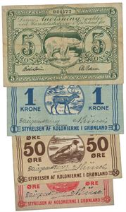Lott 4 stk. 25 øre, 50 øre og 1 krone ND (1913), samt 5 krone ND (1945)