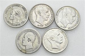 Lot 5 stk. 1 krone 1877, 1900, 1915, 1916 og 1917