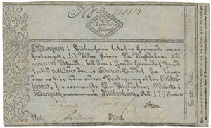 10 rigsdaler courant 1798. No. 215814. Lite kutt og blyantskrift på revers/small cut and pencil writing on reverse