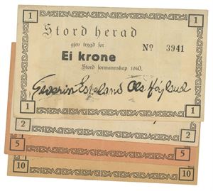 Stord Herad, Lot 4 stk. 10-, 5-, 2- og 1 krone 1940
