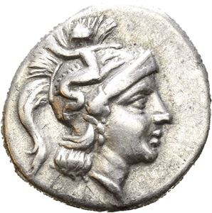 CALABRIA, Taras. Circa 272-240 BC. AR drachm (3,20 g). Head of Athena in Attic helmet to right, helmet ornamented with Skylla / NIKOPATHS /AN/TAP, Owl with closed wings standing right on Ionic capital, head facing. Lightly toned.