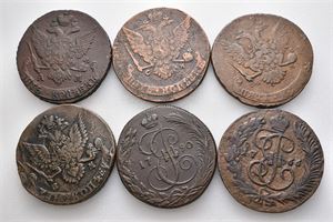 Catharina II, lot 6 stk. 5 kopek 1796 AM, 1765 (?) CM, 1764 CPM, 1785 EM, 1790 KM og 1766 MM