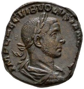 VOLUSIAN 251-253, Æ sestertius, Roma 252 e.Kr. R: Juno sittende i alter