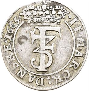 FREDERIK III 1648-1670 2 mark 1665. Stempelsprekk/die crack. S.47