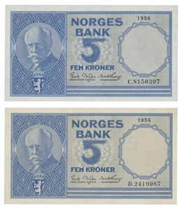Norway. Lott 2 stk. 5 kroner 1956. C8150397 og D2419087