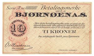 10 kroner u.år/n.d. (1923/24). Type II. Serie A. Nr. - . Blankett/remainder