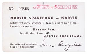 Narvik Sparebank, 5 kroner 15.mai 1940. No.06368. Liten rift/minor tear