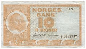 10 kroner 1972. Z0032757. To små flekker/two minor spots