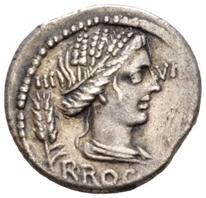 L. FURIUS CN. F. BROCCHUS 63 f.Kr., denarius. Byste av Ceres mot høyre/Stol