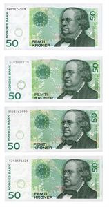 Lot 4 stk. 50 kroner 1996, 1999, 2000 og 2003.