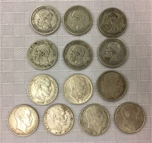 Lot 13 stk. 1 krone 1895, 1897, 1898, 1900, 1901, 1904, 1908 plate, 1908, 1910, 1914, 1915, 1916 og 1917