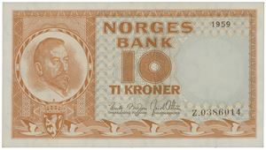 10 kroner 1959. Z.0386014. Erstatningsseddel/replacement note.