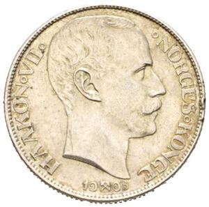 1 krone 1908, myntmerke på plate. Kantskade/edge nick