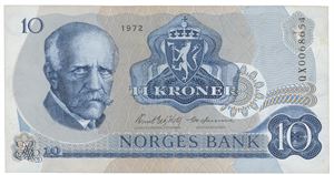 10 kroner 1972. QX0068654. Erstatningsseddel/replacement note