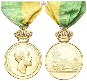 Oscar II. Kongelige Patriotiske Selskap. Ahlborn. Gull 29 g. 35 mm med krone og bånd