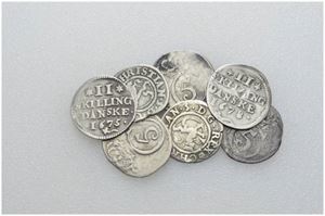 Lot 7 stk. 2 skilling 1675, 1678, 1682, 1683, 1684, 1685 og 1686 (Christiania).